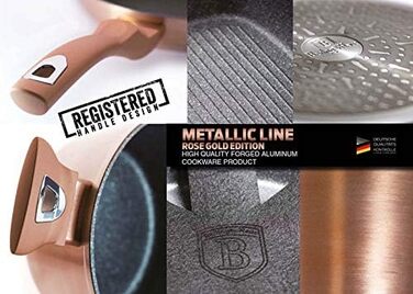 Набір каструль Berlinger Haus Rose Gold, 11 предметів, антипригарне покриття, мармур, алюміній, для індукції, 3 каструлі, 4 скляні кришки, 1 гриль- та 1 сковорода, 2 підставки, серія Metallic Line, PFOA-free