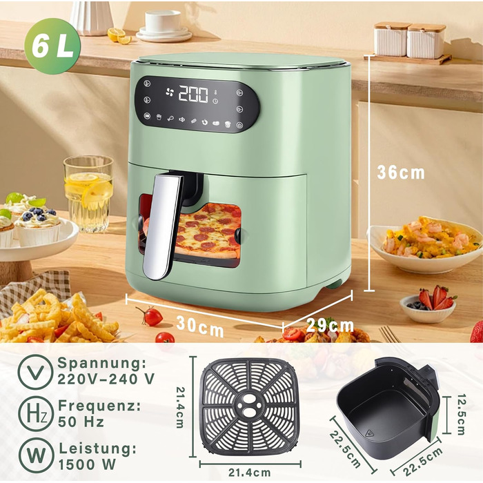 Аерофритюрниця Citybee XXL 10L (5L+5L) з двома камерами та вікном, Dual Zone Airfryer 2200W, сенсорне керування, таймер 24г, зелена