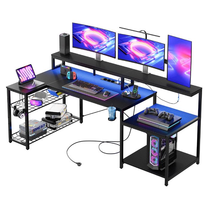 Ігровий стіл Bestier L-подібний 181x80 см з LED підсвіткою, розетками та USB, чорний карбон