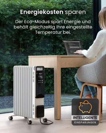 Розумний електричний масляний радіатор Pro Breeze 2500W, 11 секцій, керування через WLAN/App, з термостатом, таймером на 24г та сенсорним дисплеєм, білий