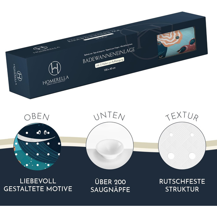 Дитячий килимок для ванни Homerella, антиковзкий, 100% BPA-free, 100x40 см, з 2 гачками, туркус Ocean Friends, для чутливої шкіри, протигрибковий, для малюків, миється