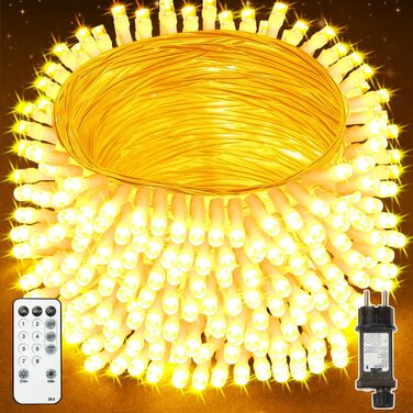 Світлодіодна гірлянда вулична 50м, 200 LED, теплий білий колір, IP44 водонепроникна, з пультом керування, таймером та 8 режимами роботи, прозорий дріт
