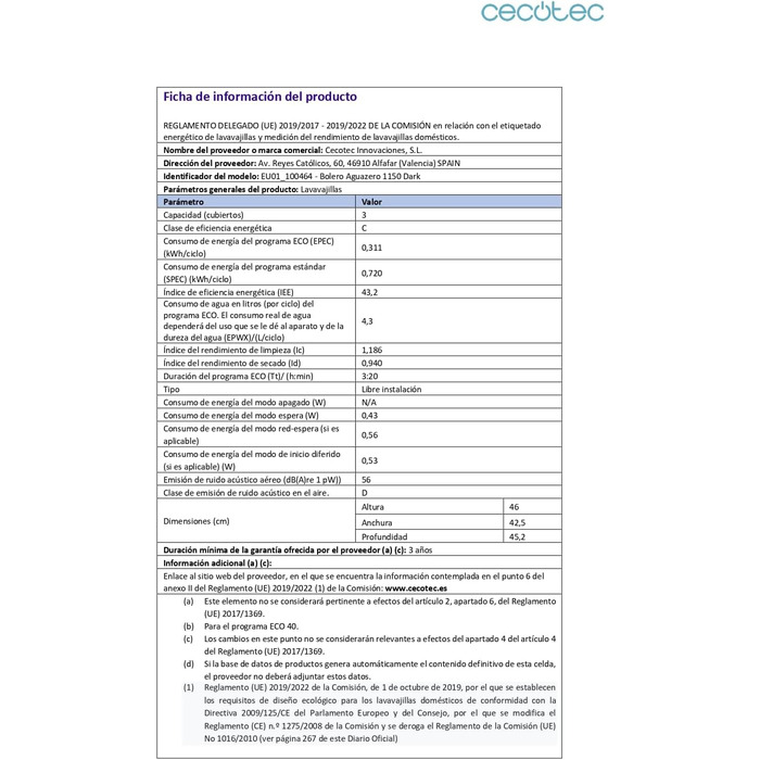Посудомийна машина Cecotec Bolero Aguazero 1150 Dark Inox на 3 комплекти посуду: компактна, енергоефективна, сенсорне управління, 6 програм