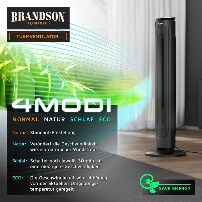 Вентилятор вежний Brandson з пультом, аромадифузором, нічним режимом, таймером, 5 швидкостей, LED дисплей
