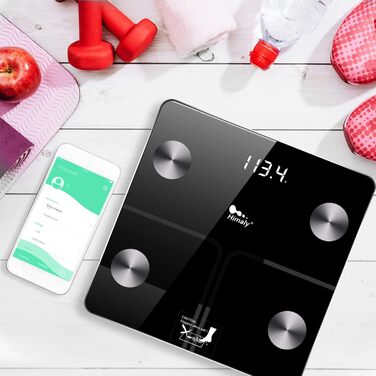 Розумна вага для визначення складу тіла Himaly, Bluetooth, цифрова, для жиру, ваги, ІМТ, води, кісткової маси, калорій, вісцерального жиру, чорна