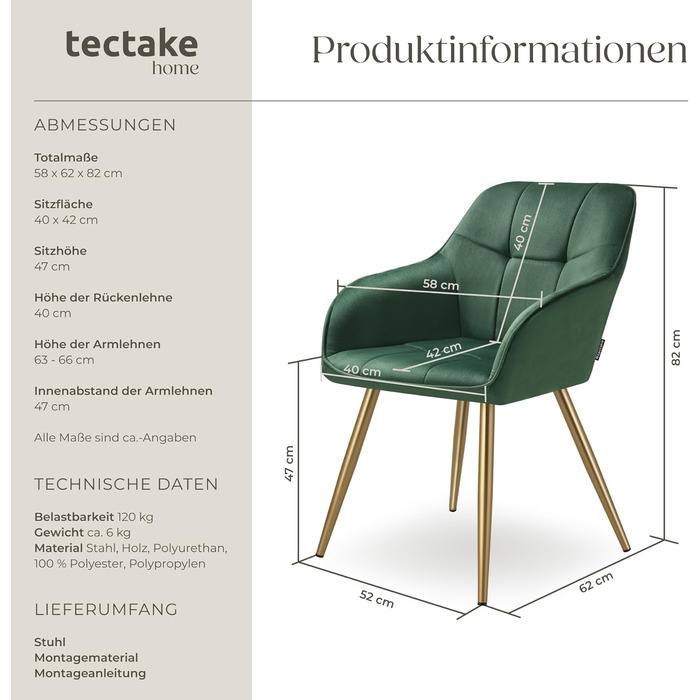 Крісло tectake® з оксамиту, сучасні кухонні стільці, крісло для вітальні, стілець для туалетного столика - (набір 1 шт, темно-зелений/золотий)