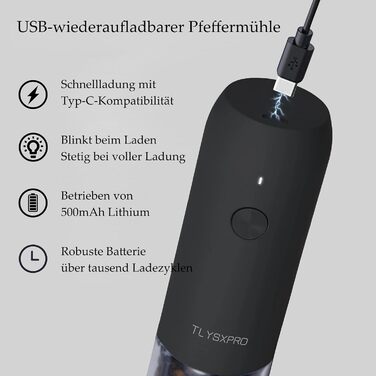 Електричні мельниці для солі та перцю TLYSXPRO 2 шт. USB, регулювання помелу, LED-підсвітка, чорний та білий