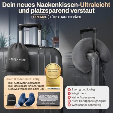 Надувна дорожня подушка для шиї HELDENWERK® для літака та авто, з регулюванням тиску та знімним капюшоном, темно-синя (Navy Blue, L)