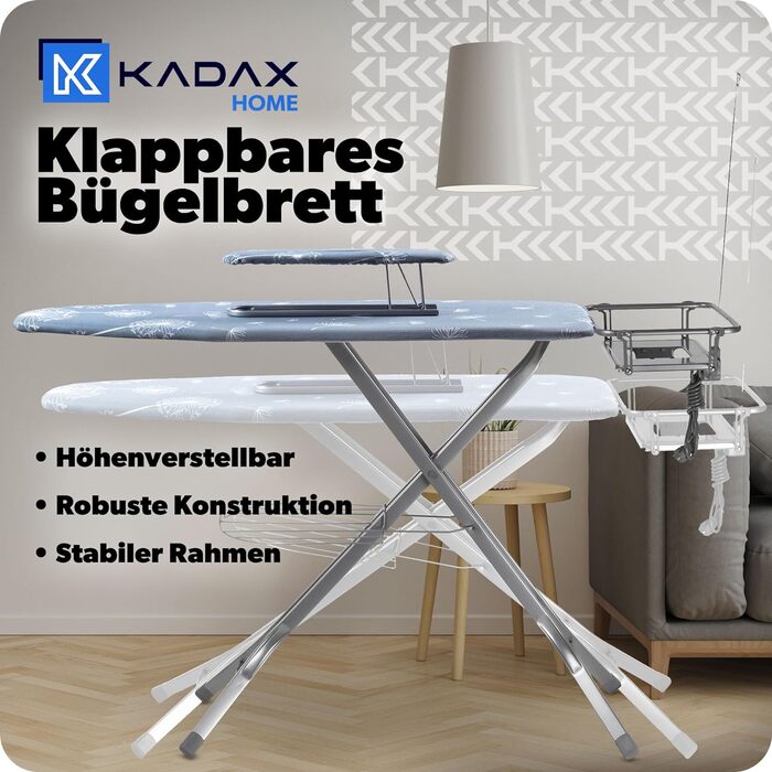 Праскадоска KADAX з розеткою 130x48 см, для прасування з парою, з полицею для праски і підставкою для рукавів, складана, темно-синя