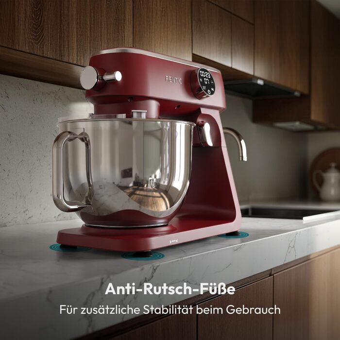 Планетарний міксер Küchenmaschine 1800W з чашею з нержавіючої сталі 7л, тістоміс для хліба та піци, 10 швидкостей з таймером, набір насадок та захисним екраном (Червоний)