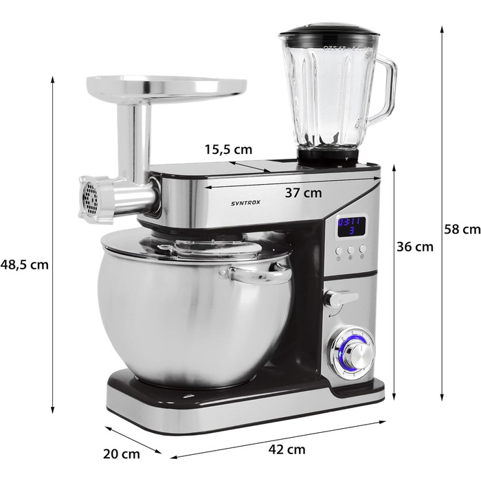 Кухонна машина Syntrox KM-2000W Lyon, міксер, м’ясорубка, 10 л, чорна/червона, Німеччина