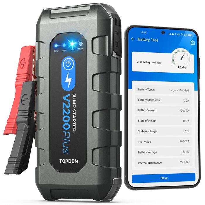 Пусковий пристрій TOPDON V2200 Air Jump Starter з компресором 150 PSI, бустер для авто (бензин 8L, дизель 6L), павербанк 2200А з LED-ліхтарем