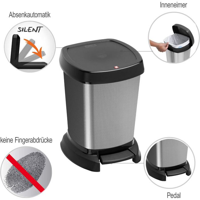 Смітник Rotho Paso 6 л для ванної з кришкою, пластик, BPA-free, carbonmetallic