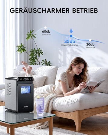 Компактний льодогенератор ecozy з кольоровим дисплеєм та таймером на 24 години, 12 кг льоду/добу, 2 розміри кубиків, функція самоочищення, чорний