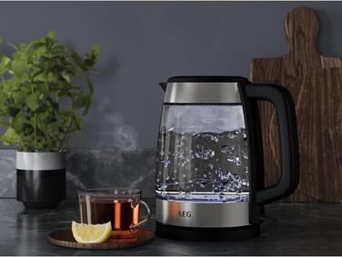 Електрочайник скляний AEG GK4-1-4GB, 2200 Вт, 1,7 л, знімний фільтр, індикатор рівня води, автовідключення, відкривання однією рукою