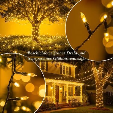Світлодіодна гірлянда для вулиці 25м, 500 LED, теплий білий колір, IP44 вологозахищена, з пультом, таймером та 8 режимами роботи, зелений кабель для саду та тераси