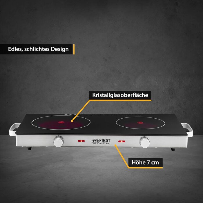 Інфрачервона керамічна подвійна плитка TZS First Austria, 20/16,5 см, для всіх типів посуду, швидкий нагрів, плавне регулювання, для кухні, кемпінгу, квартири, чорна
