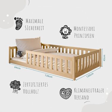 Дитяче ліжко Монтессорі Kids Collective 120x200 см, дерев'яне підлогове ліжко з бортиками та ламелями, натуральна сосна, для хлопчиків та дівчаток