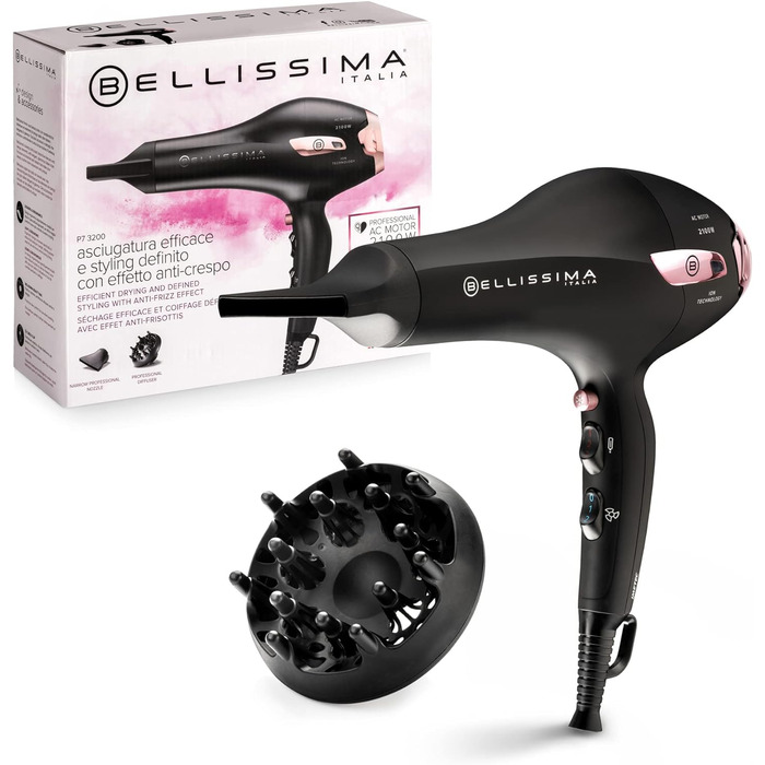 Фен Bellissima P7 3200 з іонізацією, 2100 Вт, професійний мотор, 2 швидкості, 3 температури, насадка-дифузор для локонів, холодне повітря, підсвічування, дорожній футляр, кабельний затискач