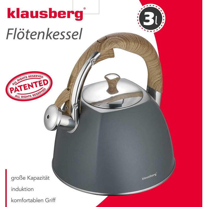 Чайник зі свистком Klausberg KB-7501, 3 л, сірий, для плити
