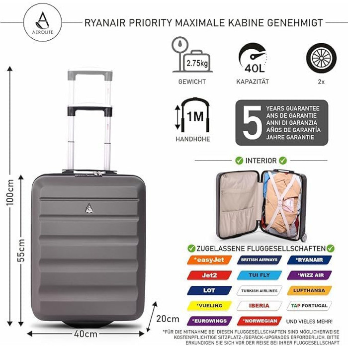 Легкий жорсткий валізний чемодан Aerolite 55x40x20 см для ручної поклажі, сірий, на 2 колесах, для Lufthansa, Eurowings, Ryanair Priority, TUI, SunExpress, Condor, кабінний тролейний кейс