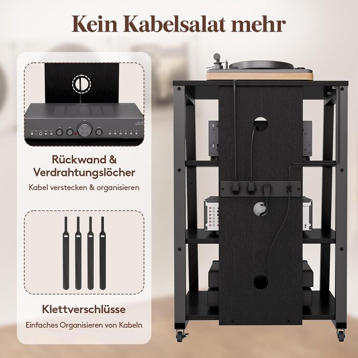 Polycote HiFi тумба з полицями на колесах, регульовані полиці, стійка для програвача з розетками та LED підсвіткою, коричнево-чорна, 60x55x90 см