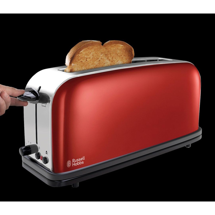 Тостер Russell Hobbs Colours+ Нержавіюча сталь, Червоний – 2 широкі слоти, підставка для булочок, 6 режимів, розморожування, 1000 Вт