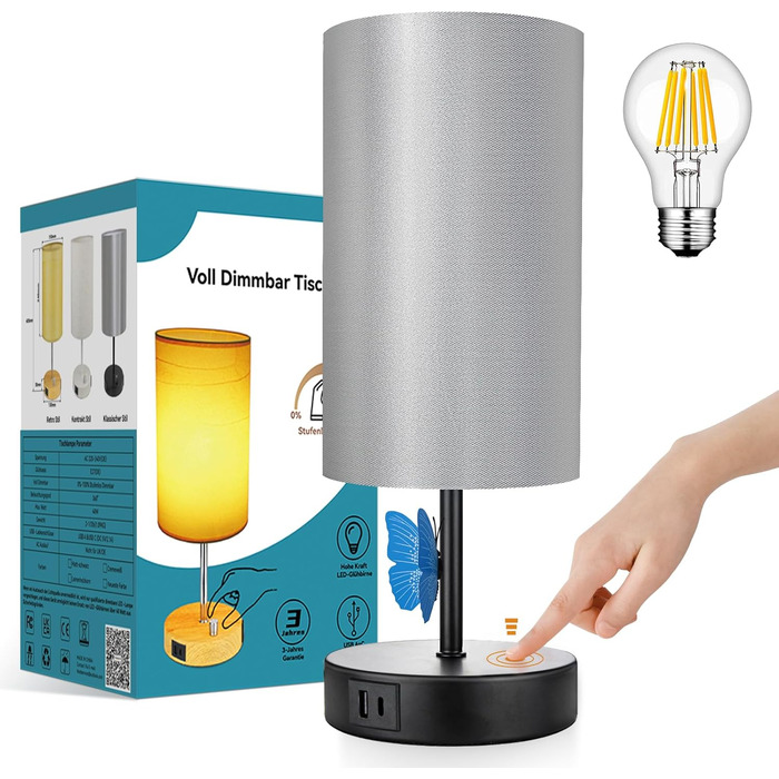 Настільна лампа Wondlumi чорна з димером, сенсорна, USB, E27, з абажуром, 6Вт LED, для спальні, сучасна, подарунок