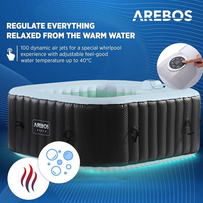 Надувний гідромасажний басейн-джакузі Arebos Whirlpool 154x154 см з LED-підсвіткою, підігрівом та 100 масажними форсунками на 4 особи, 600 л, з кришкою