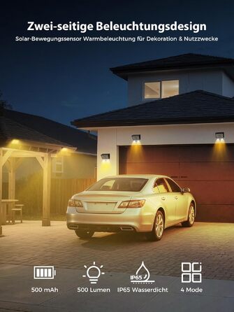 Комплект сонячних настінних світильників Smiling Shark WL-06 (4 шт), LED-лампи з датчиком руху 120°, 4 режими роботи, водонепроникні IP65 для саду, тераси та паркану, тепле біле світло