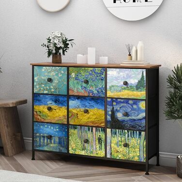 Тканинна комод-органайзер VEDECASA з 9 шухлядами Van Gogh, металевий каркас, дерев'яна стільниця, з ручками для вітальні, спальні, дитячої кімнати