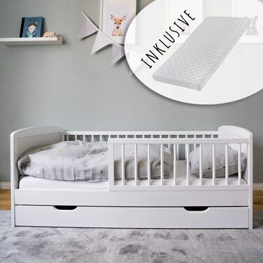 Дитяче ліжко Kids Collective 70x140 см з матрацом, висувною шухлядою, рейковим дном і бортиком безпеки, біле, з ящиком для білизни, виготовлене в Європі, для дітей до 6 років