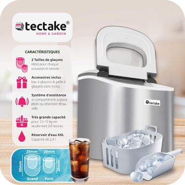 tectake® Льодогенератор, машина для приготування льоду 2,1 л, 12 кг/24 год, 9 кубиків за 6 хв, з лопаткою, для кухні та бару, чорний
