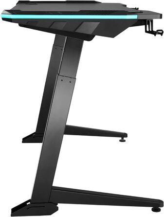 Ігровий стіл tectake 404317 з LED, регульований, 125x60 см, чорний, з тримачем для напоїв і гачком для навушників, комп'ютерний стіл у карбоновому стилі