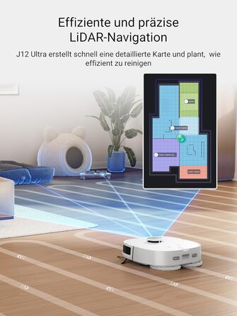 Робот-пилосос EUREKA J12 Ultra з функцією миття підлоги (самостійне очищення, прання та сушка), потужність всмоктування 5000Pa, обертова функція миття, Dual-LiDAR навігація, 3D уникнення перешкод, білий