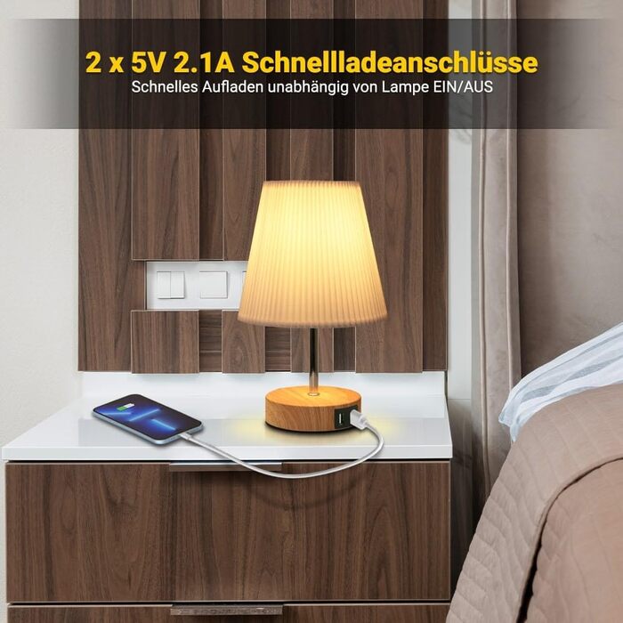 Настільна лампа HSLighting з димером, сенсорна, USB A+C зарядка, розетки, 2 LED-лампи, лляний абажур, для спальні, вітальні, офісу