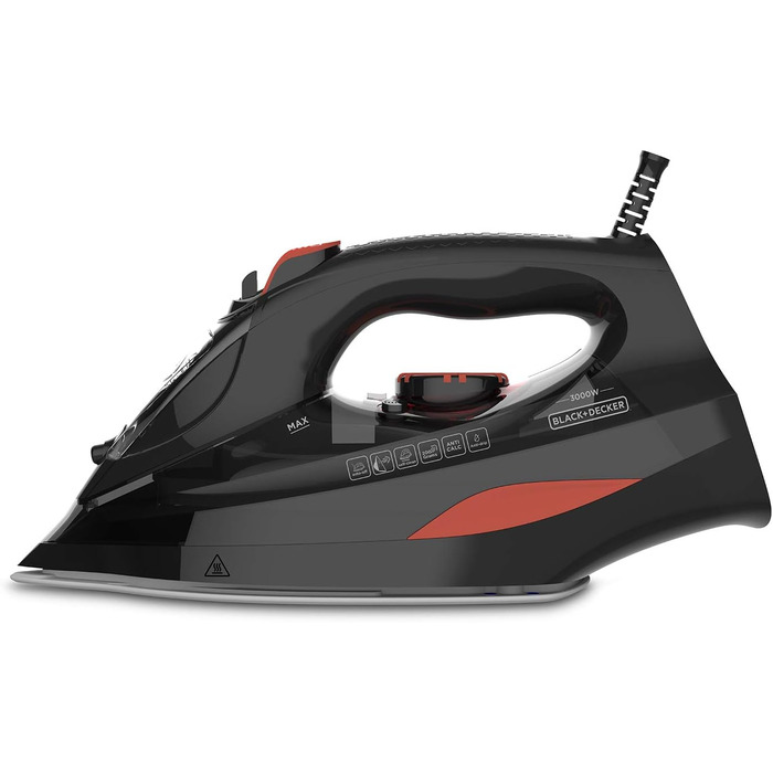 Парова праска BLACK+DECKER BXIR3000E, 3000 Вт, керамічна підошва, 200 г/хв пар, 45 г/хв постійний пар, подвійний захист від накипу, функція розпилення, вертикальне дезінфікування, резервуар 420 мл, червона
