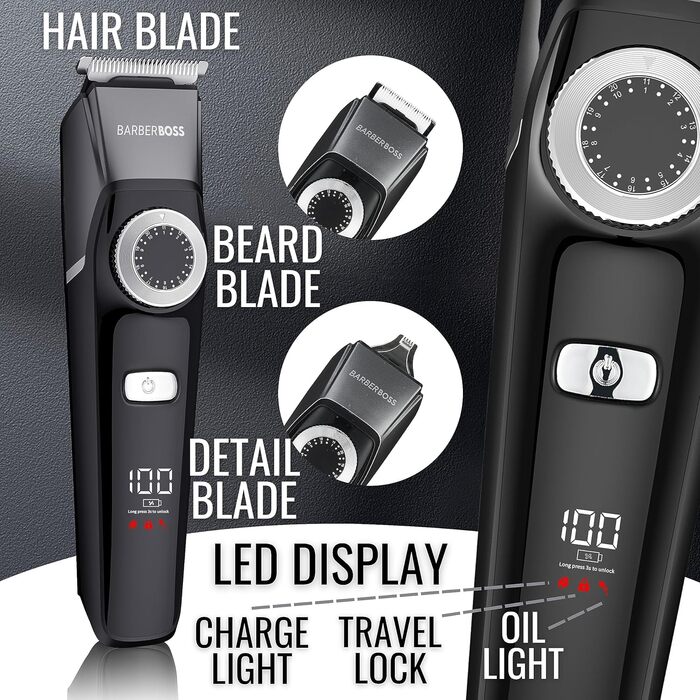 BarberBoss 3-в-1 тример для волосся та бороди, чоловічий набір для стрижки, USB, водонепроникний, 4 насадки, LED підсвітка