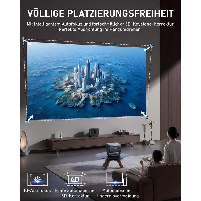 Смарт-проектор VISSPL 4K Full HD 1080P, 1000 ANSI люмен, WiFi 6, Bluetooth, автофокус та корекція трапецієподібних викривлень, для домашнього кінотеатру та використання на відкритому повітрі (Чорний)