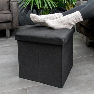 Складаний пуф INTIRILIFE 38x38x38 см, чорний, з кришкою та відсіком для зберігання, тканинний куб для сидіння та підставка для ніг