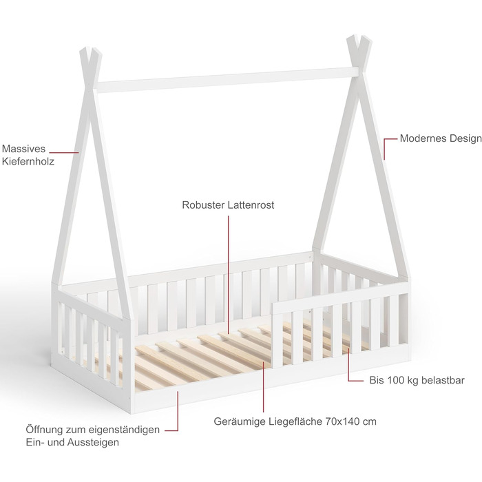 Дитяче підлогове ліжко Tajo Tipi 70x140 см, будиночок-вігвам з масиву сосни з бортиком і рейковим основою, натуральне, для дітей від 3 років
