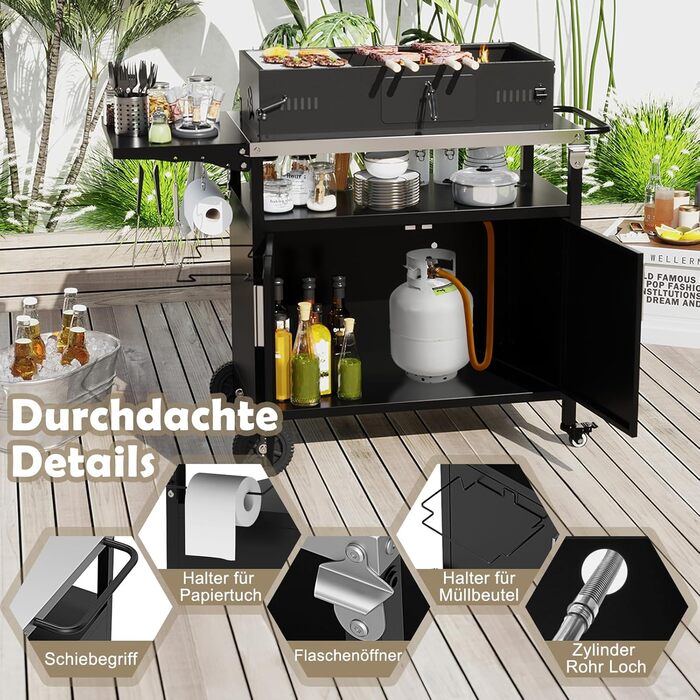 Grillwagen COSTWAY Outdoor: гриль-стіл з нержавіючою сталлю, відкидним бічним столиком, шафкою, 6 гачками та ручкою, до 100 кг, металевий столик для кемпінгу, пікніків, вечірок на відкритому повітрі, 127 x 50 x 84 см