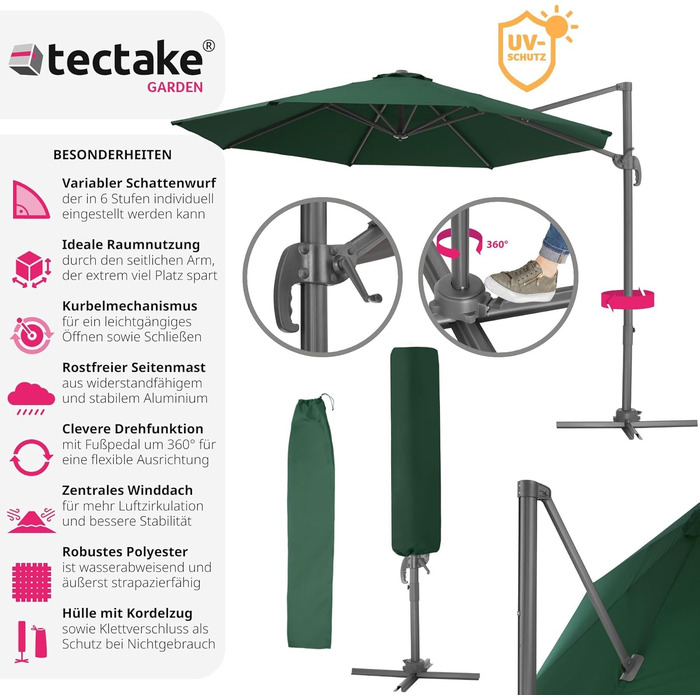 tectake® Парасолька-ампель для саду, зелена, 300 см, з чохлом, регульована висота, складна, з педаллю, ручкою, UV 50+, для тераси або балкону