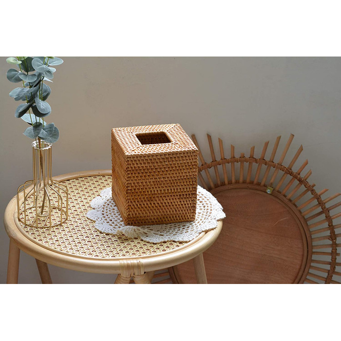 Коробка для косметичних серветок з ротангу, натуральна, квадратна, 14x14x15 см – для дому, офісу, авто