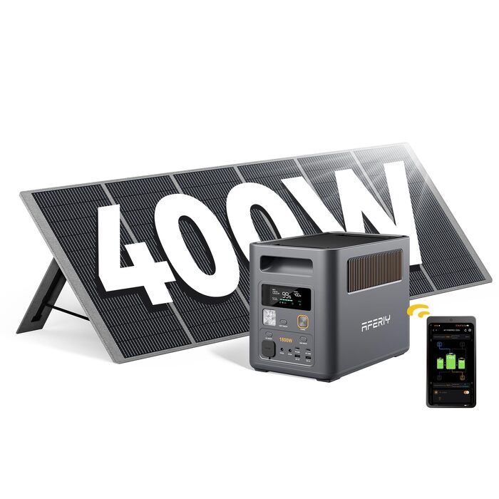 Портативна електростанція AFERIY 1800W 1024Wh LiFePO4, сонячний генератор з швидкою зарядкою 1 год, UPS <10мс, 9 виходів, чиста синусоїда 230V, керування через APP, для кемпінгу, RV та дому (1800pro+400w-set)