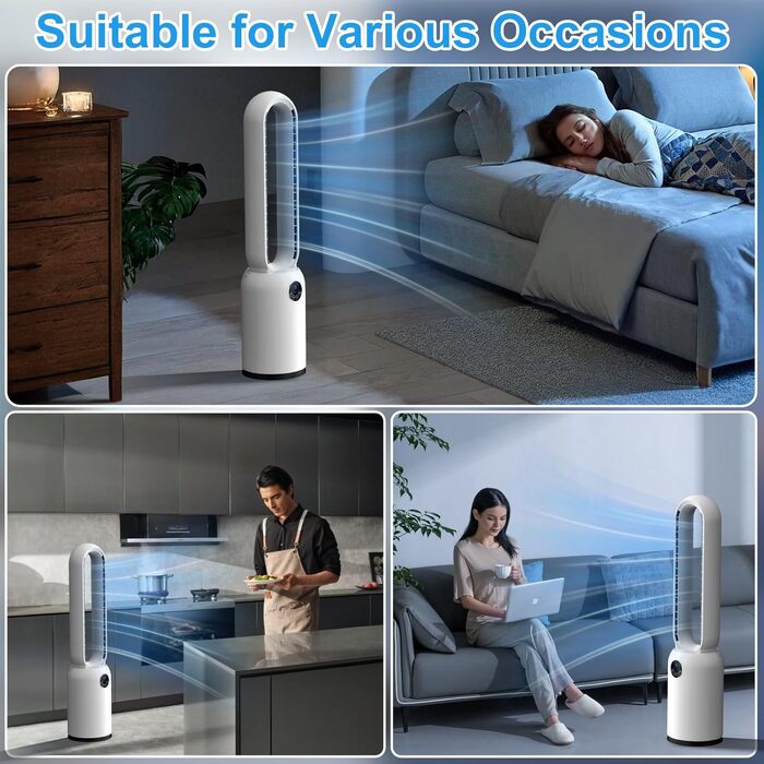 Безлопатевий вентилятор Turmventilator 88 см з LED-дисплеєм та пультом ДУ, 55 Вт, таймер 12 год, для спальні та офісу (білий)