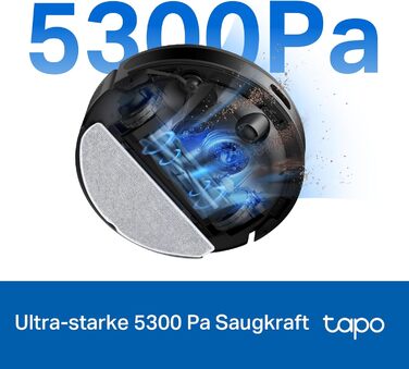 Робот-пилосос Tapo RV20 Max Plus з функцією вологого прибирання, автоматичною станцією для збору пилу, потужністю всмоктування 5300Па, ультратонкий 83 мм, сумісний з Alexa та Google Assistant, керування через додаток