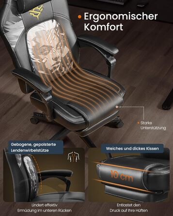 Ігрове крісло SONGMICS HOME, ергономічне комп'ютерне крісло з підставкою для ніг, офісне крісло з підголівником, PU, аніме-дизайн, регульована висота, чорне