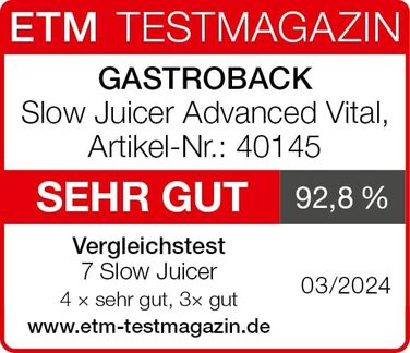 Соковижималка GASTROBACK Slow Juicer Advanced Vital, чорна, срібляста, повільного віджиму, для овочів і фруктів