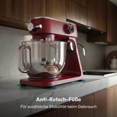 Планетарний міксер Küchenmaschine 1800W з чашею з нержавіючої сталі 7л, тістоміс для хліба та піци, 10 швидкостей з таймером, набір насадок та захисним екраном (Червоний)